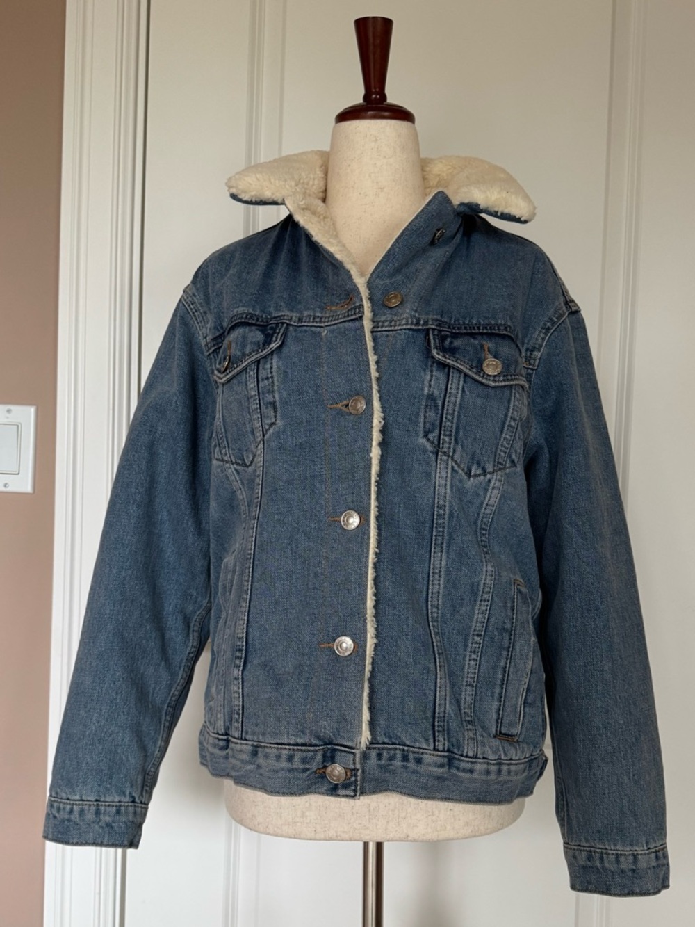 Topshop Moto Cream Sherpa-Lined Jacket with Denim Trim